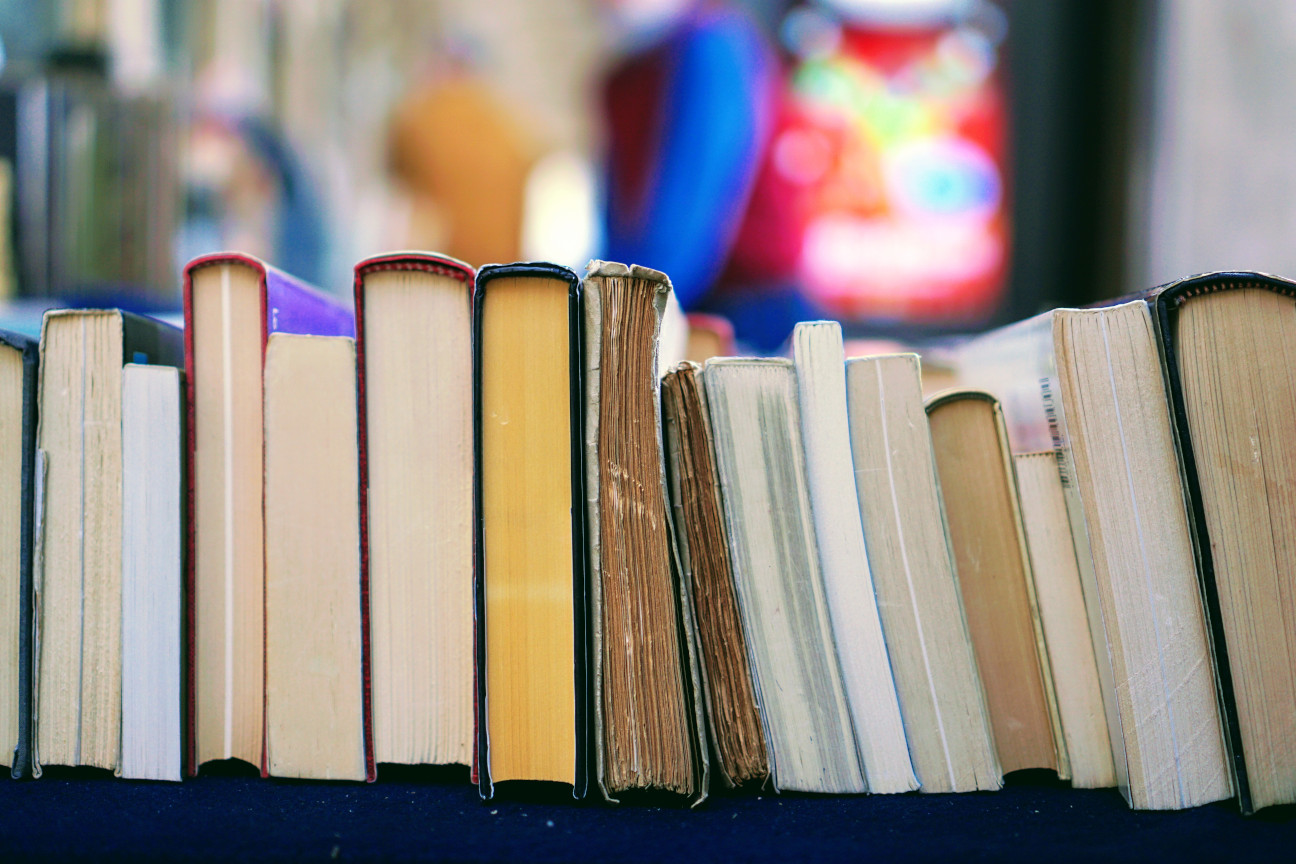 Tom Herna Unsplash Row of different sizes of books hardcover and softcover all different colours all stacked on a shelf upside down with the spine facing up